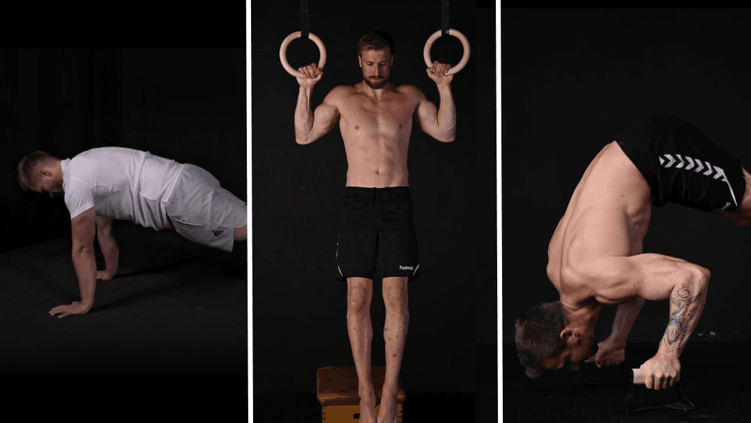 Athlet am oberen Punkt eines sauberen Klimmzugs in einem minimalistischen Gym mit Betonwand und schwarzen Gummimatten